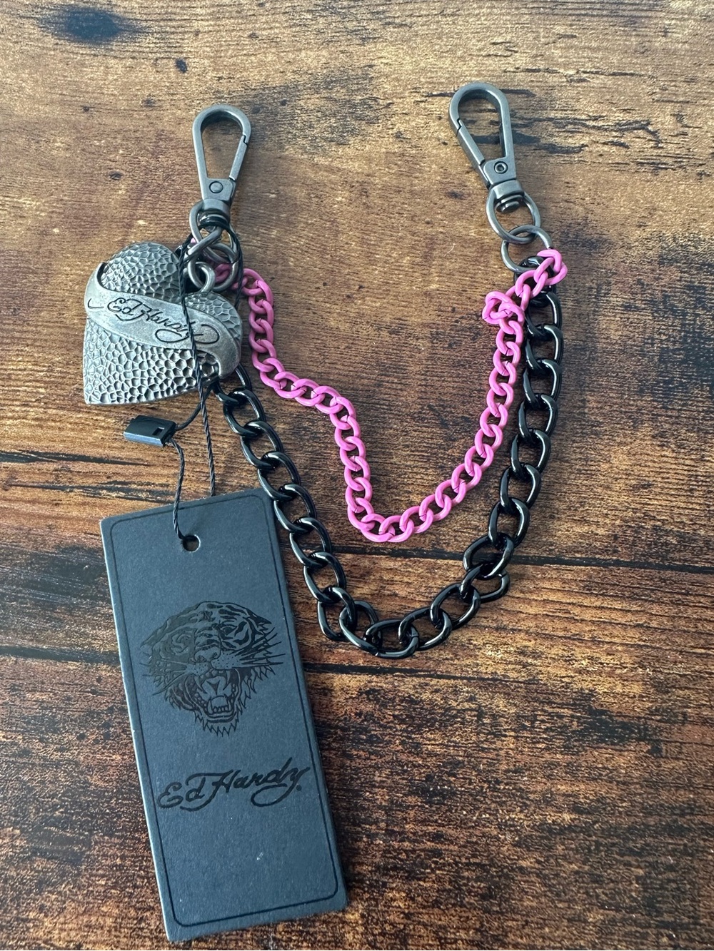 Ed Hardy Black & Pink Double Chain Bag Charm Keychain w/ Metal Heart Charm NWT